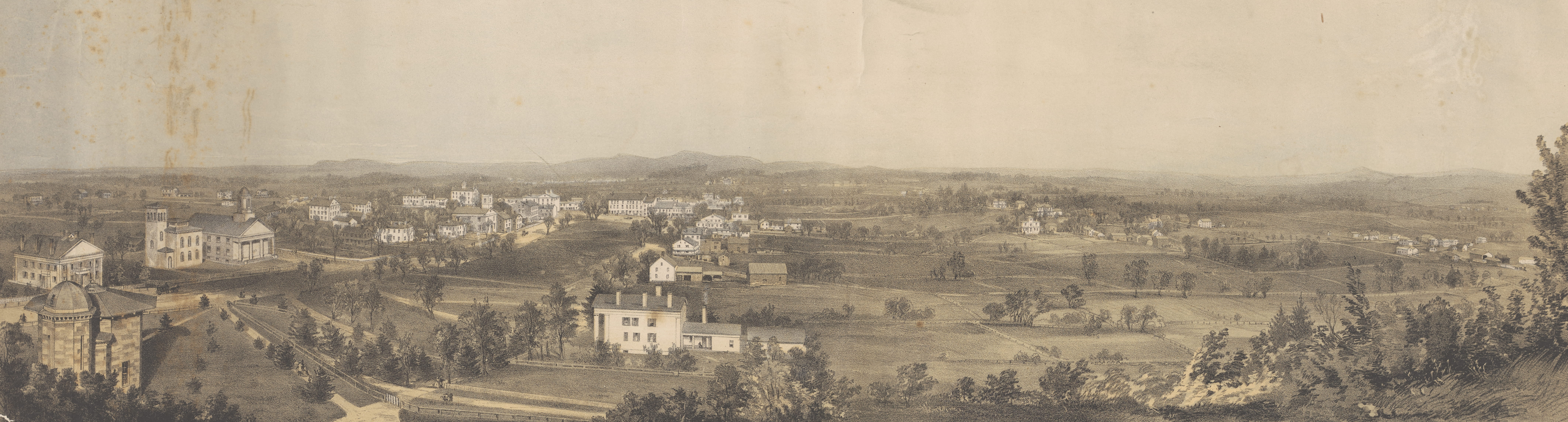 black and white photograph of Amherst, MA featuring Amherst College, 1800s
