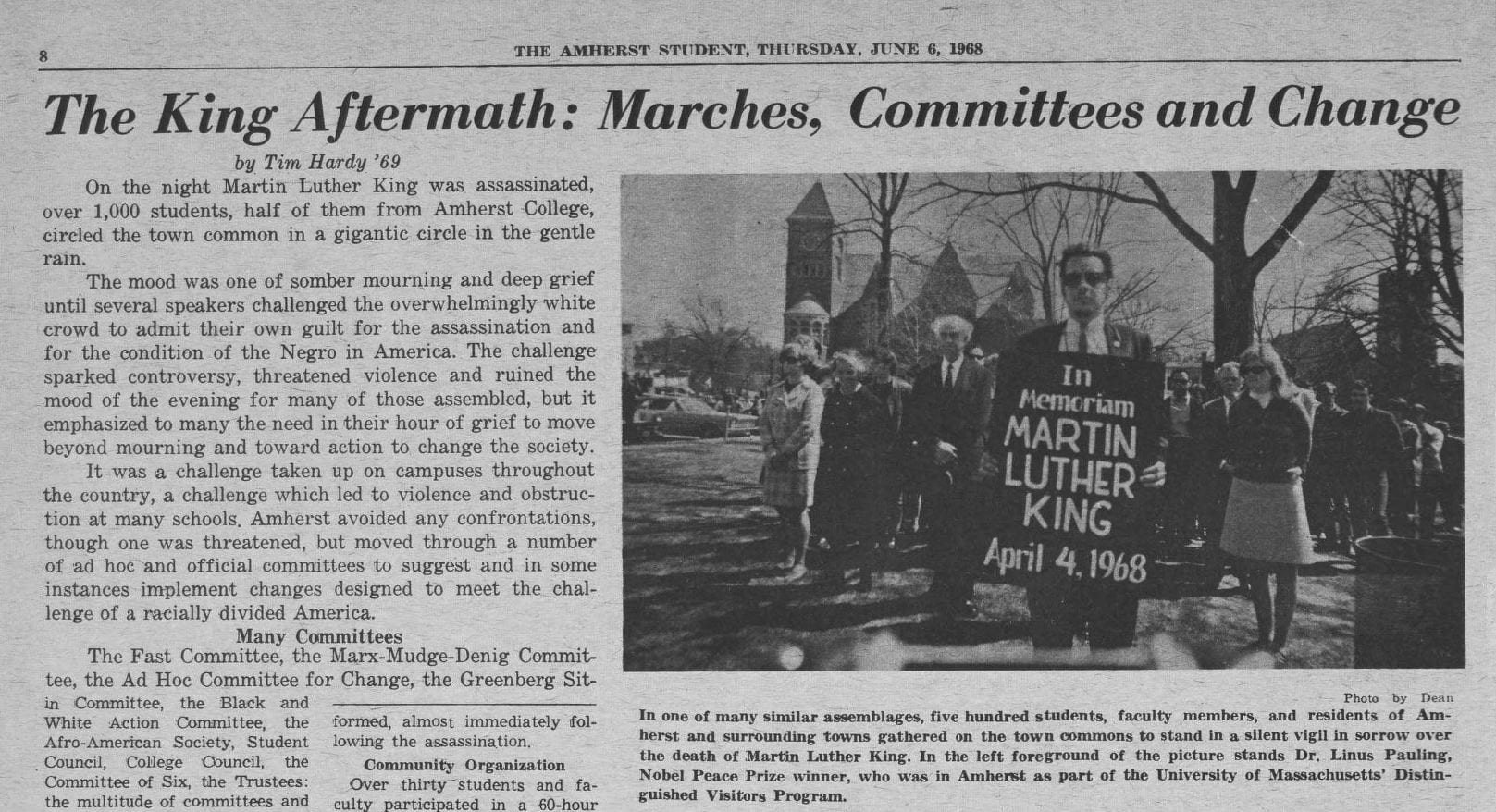 Partial view of a page of the Amherst Student newspaper from June 6, 1968, featuring the headline "The King Aftermath: Marches, Committees and Change"