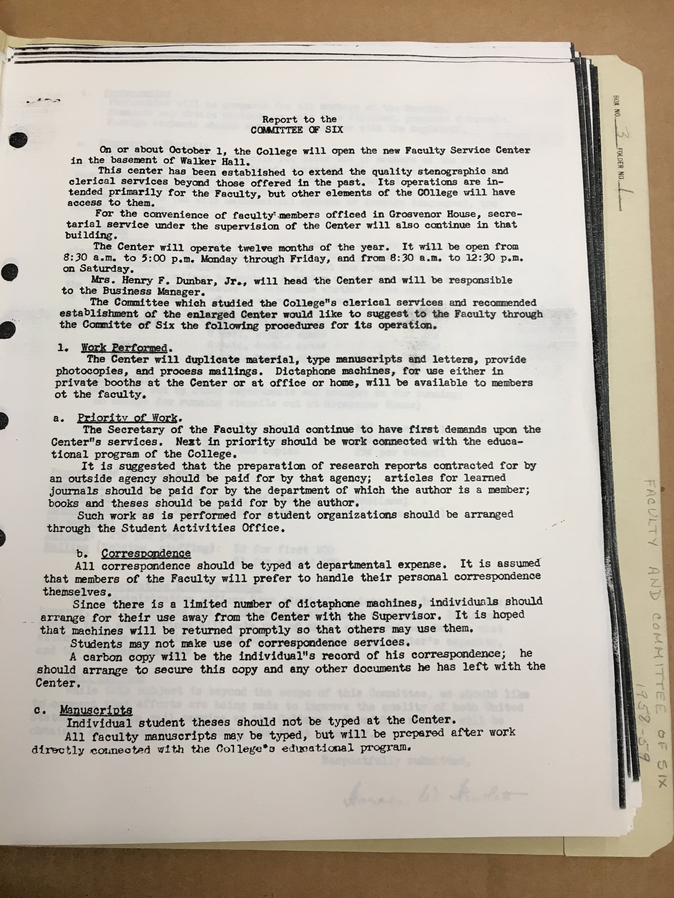 Dean of Faculty public meeting minutes & Committee of Six minutes, box 3 folder 1, 1958