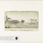 A drawing of fields, horse sheds, South College, and the old church in 1821