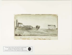 A drawing of fields, horse sheds, South College, and the old church in 1821