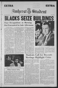 Front page of February 18 1970 Amherst Student with headline of "Blacks Seize Buildings"