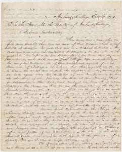 First page of a letter from the Anti-Slavery Society to the Faculty of the College, 1834.
