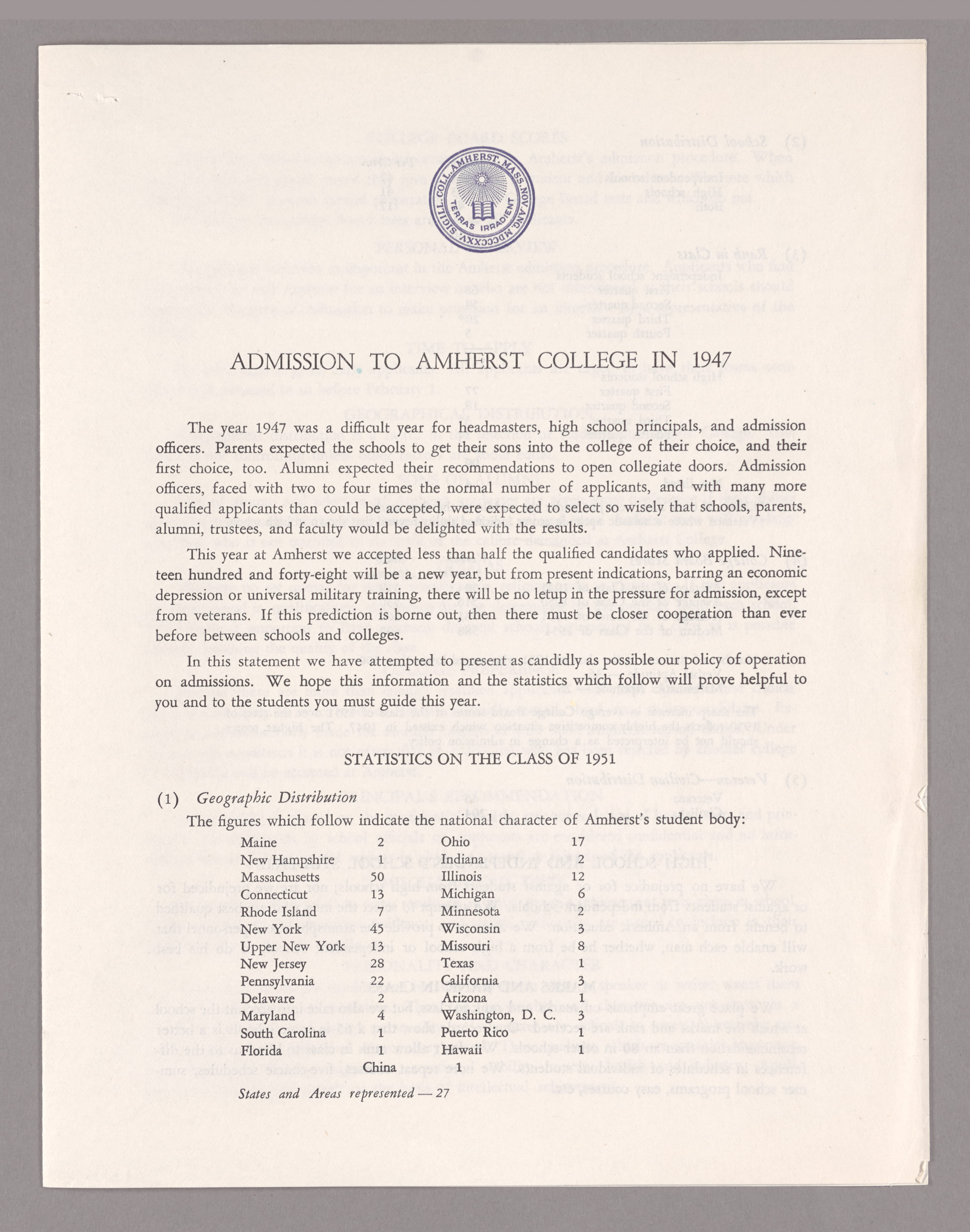 Amherst College admissions report to secondary schools, 1947