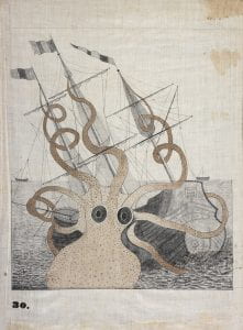 Drawing of octopus devouring a ship