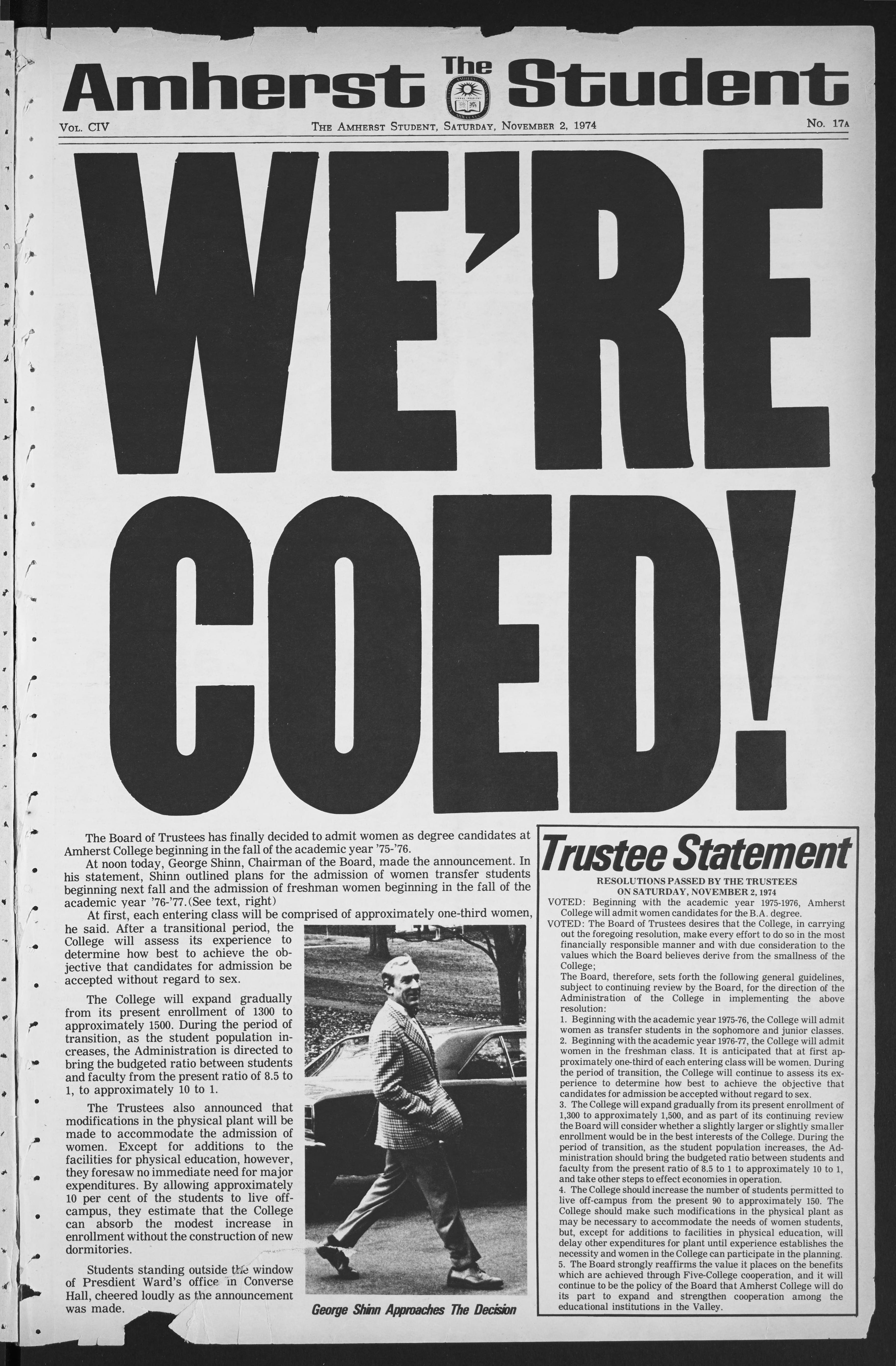 Front page of November 2 1974 Amherst Student with "We're Coed!" headline